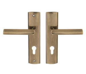 Klamka do drzwi wejściowych MIRO długi szyld 72mm na wkładkę, PRAWA, patyna