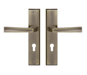 Klamka do drzwi wejściowych MAJA długi szyld, 72mm na wkładkę, PRAWA, patyna