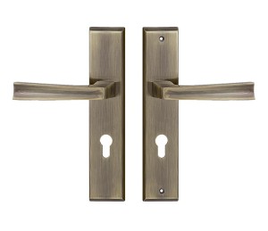 Klamka do drzwi wejściowych MAJA długi szyld 72mm na wkładkę, LEWA, patyna