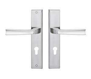 Klamka do drzwi wejściowych MAJA długi szyld, 90mm na wkładkę, PRAWA, nikiel szczotkowany