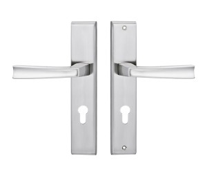 Klamka do drzwi wejściowych MAJA długi szyld, 90mm na wkładkę, LEWA, nikiel szczotkowany